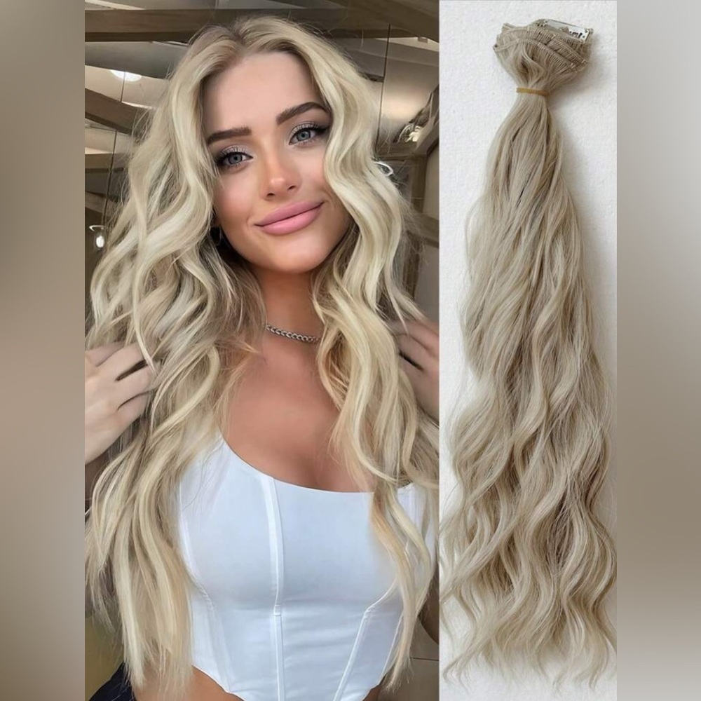 Human hair blend Womens Clip in  Light Blonde  wavy hair extensions - Picture 8 of 10